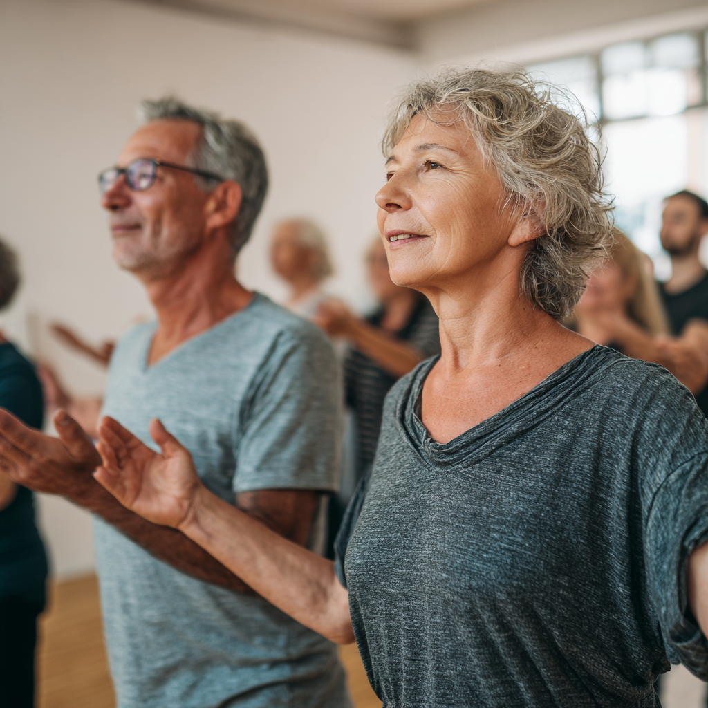 Middle-aged adults in supportive community environment practicing gentle movement exercises together
