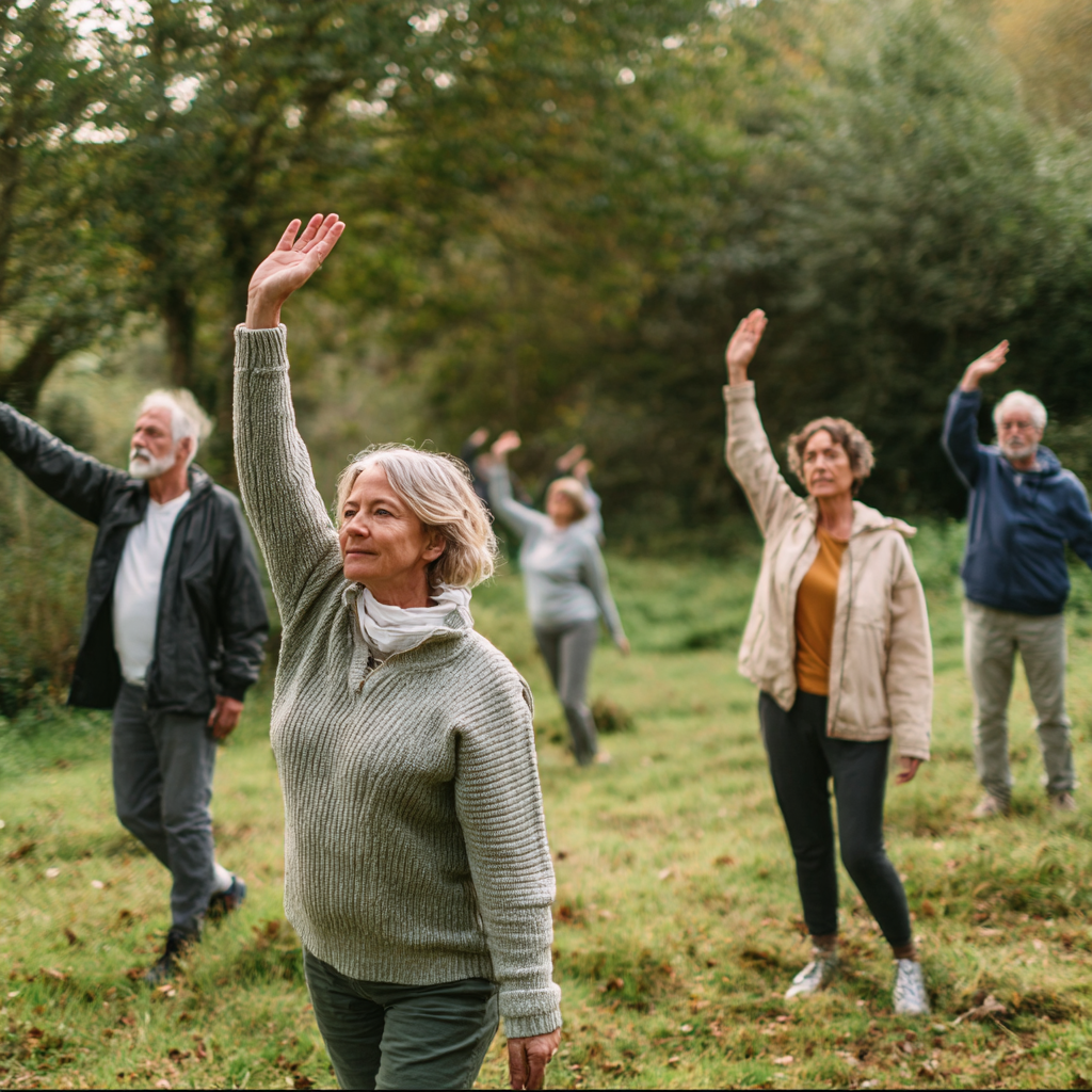 Middle-aged adults practicing gentle mobility exercises in natural outdoor setting