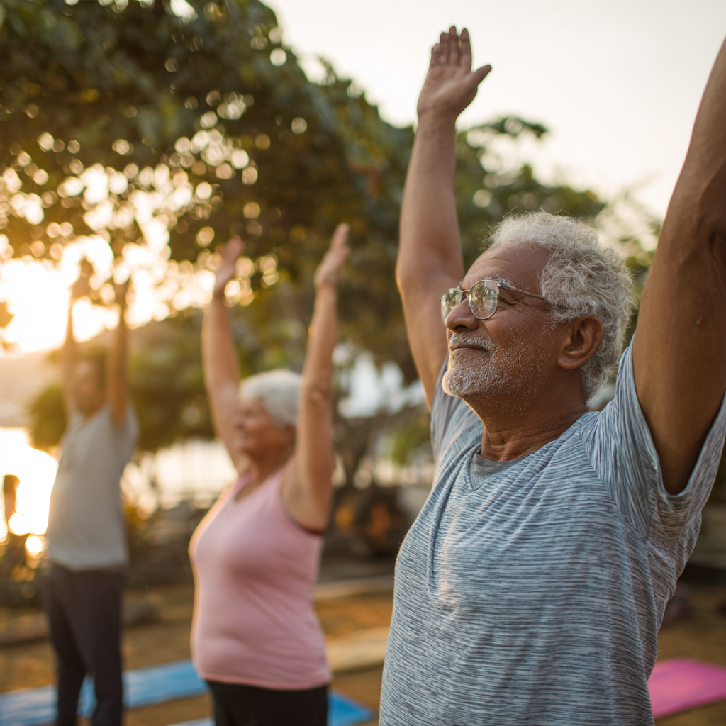 Older adults engaging in natural movement and mobility exercises in peaceful environment